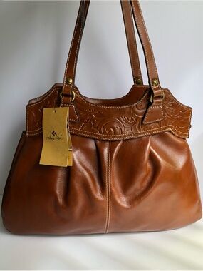 Leather Tote Handbag in Brown with Embossed Trim
